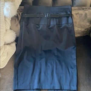 Black satin high wasted pencil skirt with belt